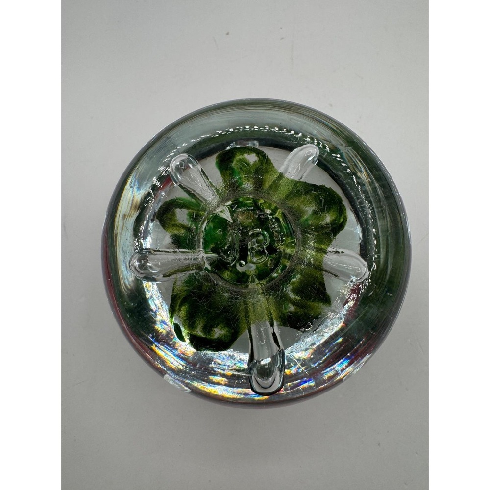 Jennings Bonnell JB Art Glass Paperweight Glitter Green White Floral Bubble - Picture 7 of 12